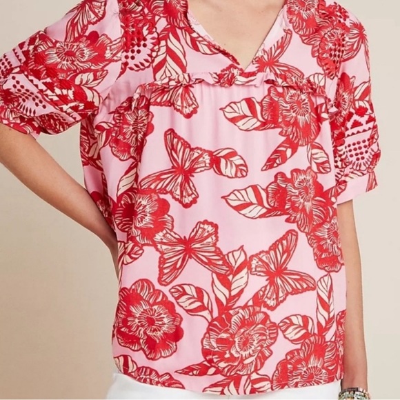 Veneet Bahl blouse from Anthropologie pink white and red floral size XS - Picture 2 of 6